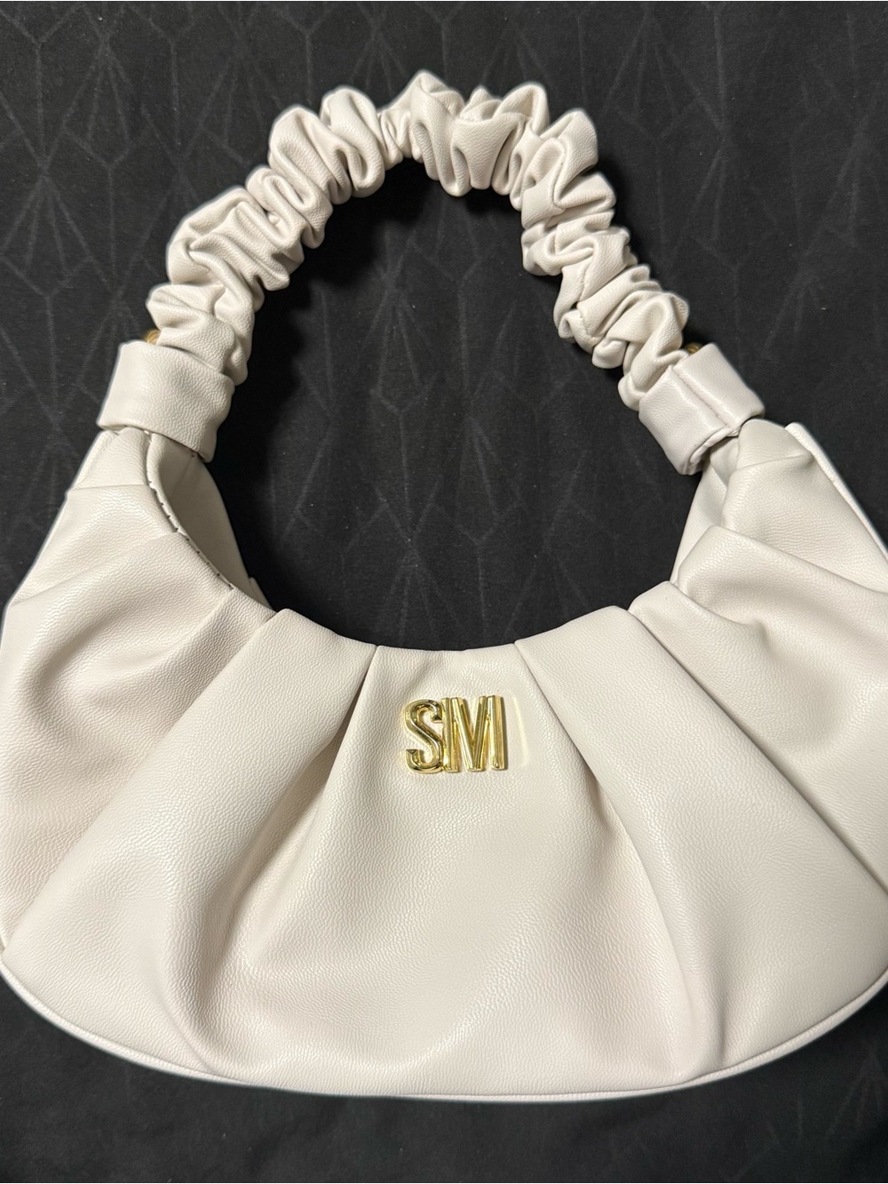 Steve Madden Cream Ruched Top-Handle Mini Shoulder Bag with Gold Logo